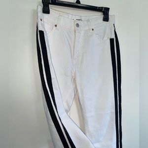 Mango Distressed White Jeans with Black Side Stripes